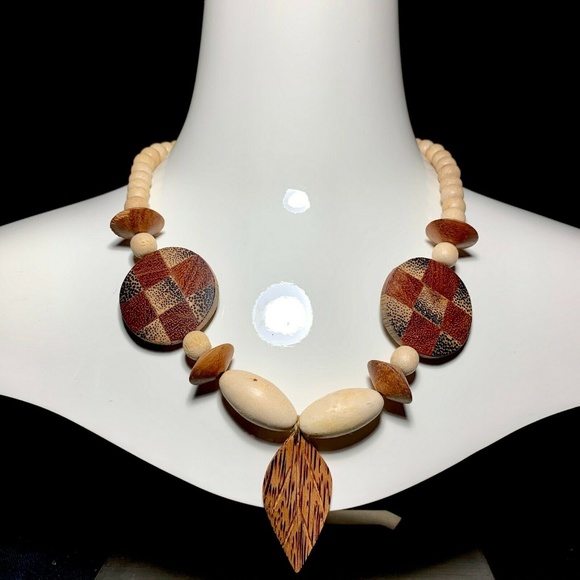 Vintage Jewelry Vintage Bohemian Inlay Exotic Wood Bead Necklace
